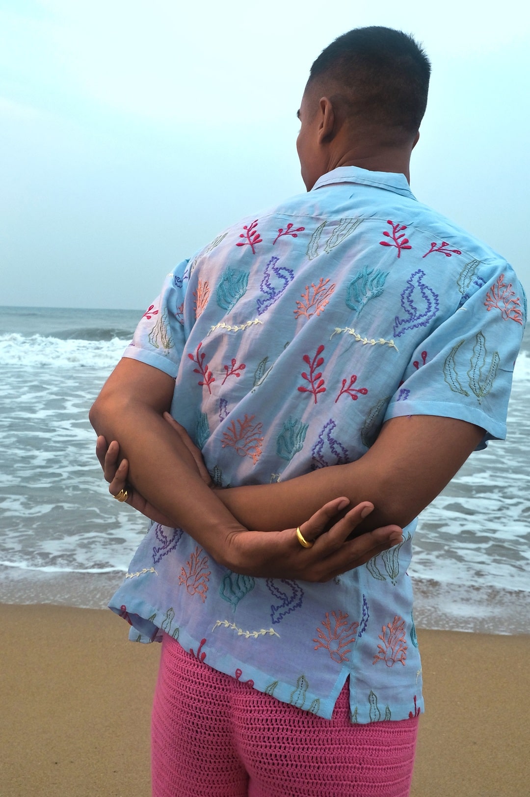 Back view of the Coraline Chikankari Shirt, showcasing ocean-inspired embroidery.