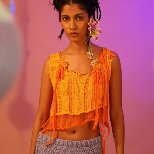 Front view of the Tangerine knitted top – sheer cotton knit with raw hems.