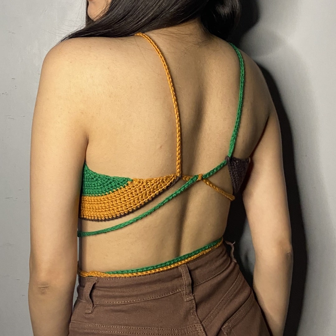 Back view of Almond Joy crochet top – open-back design with tie-up straps.
