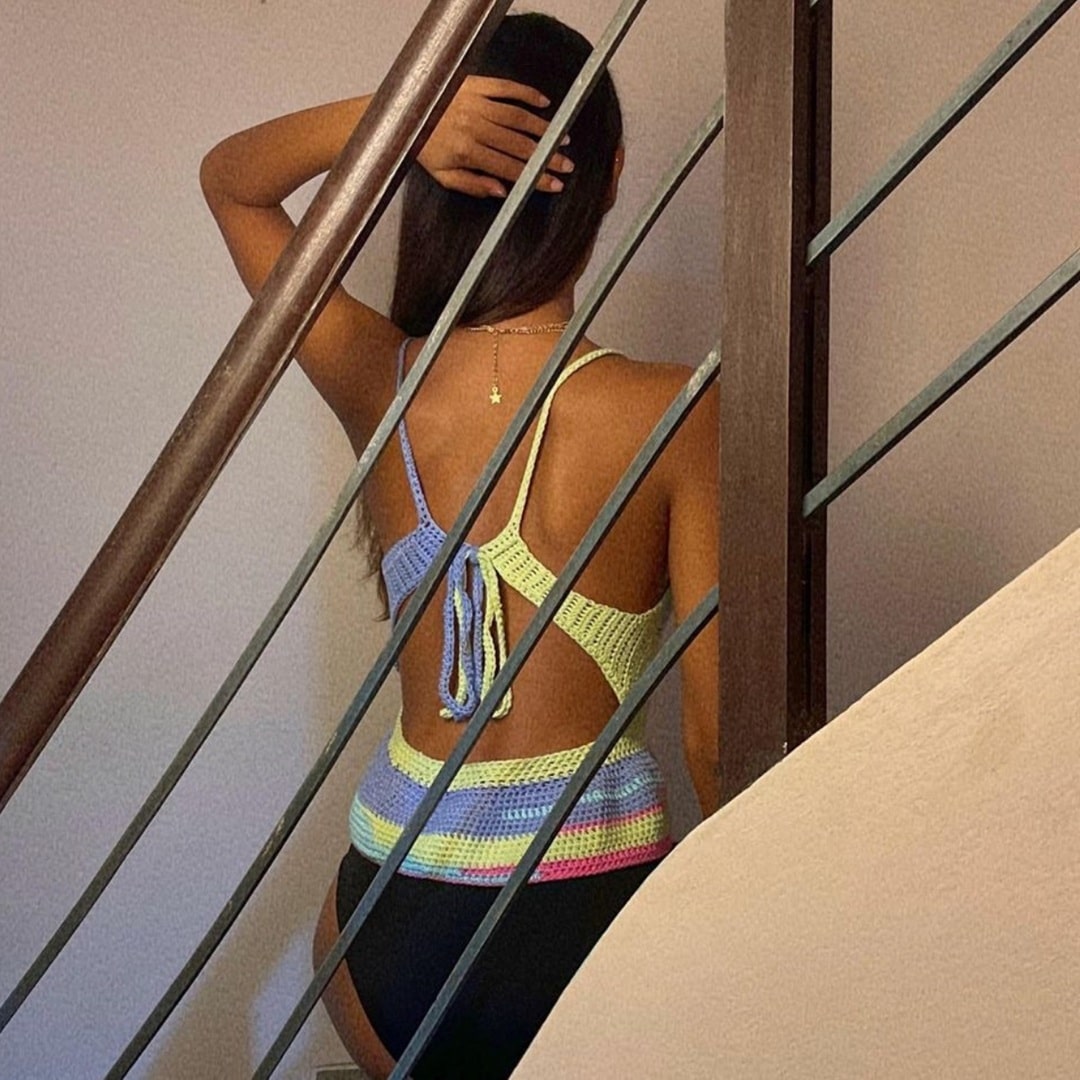 Back view of Chromatic crochet top – deep V-backless style with delicate straps.
