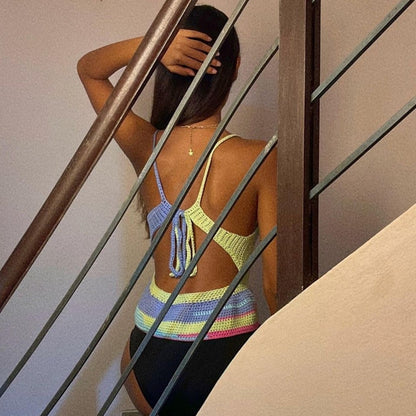 Back view of Chromatic crochet top – deep V-backless style with delicate straps.