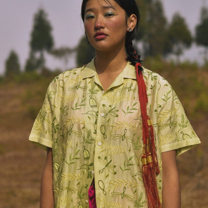 Model wearing Green Flutter Chikankari Shirt in nature – breezy & stylish.