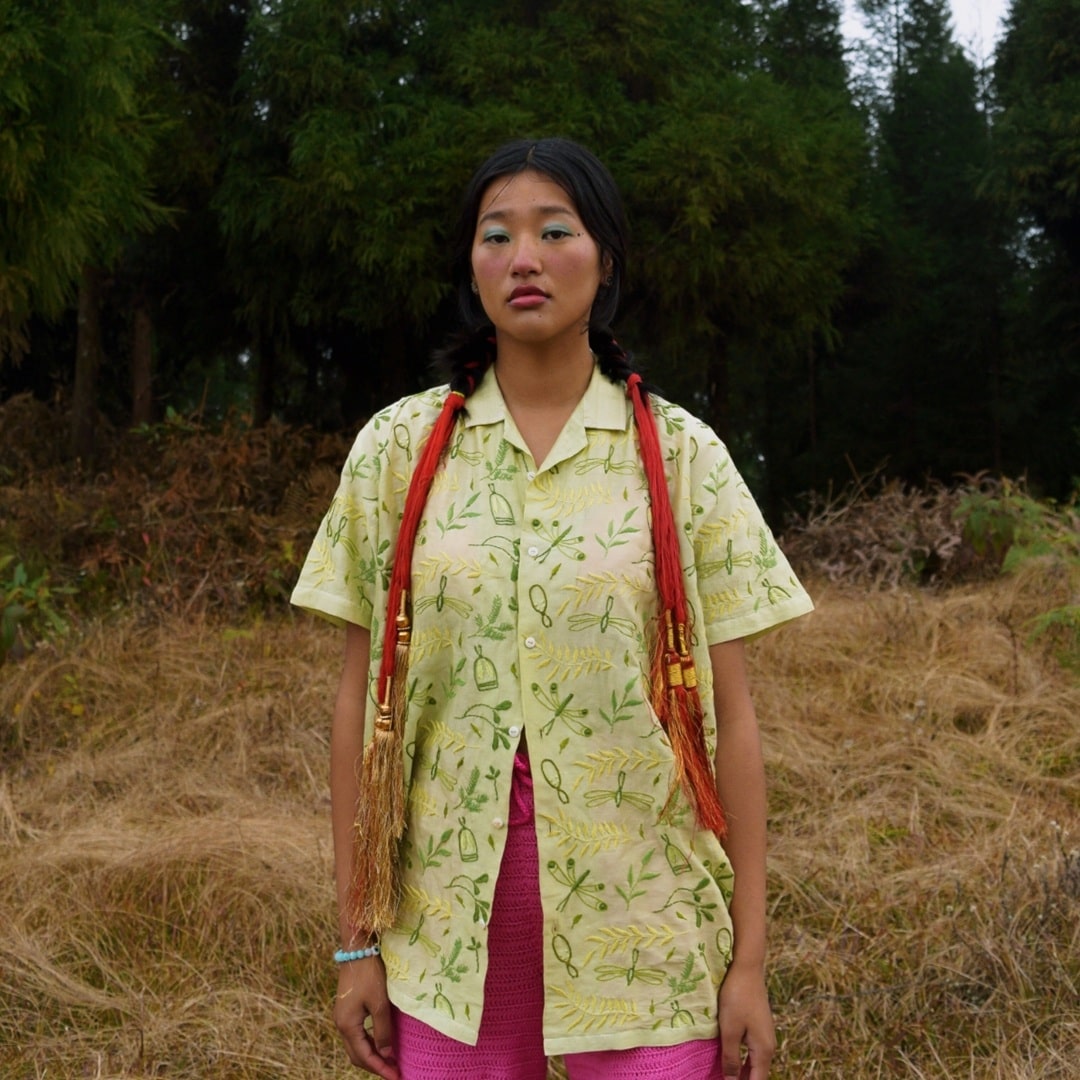 Front view of Green Flutter Chikankari Shirt – hand-embroidered on Chanderi silk.