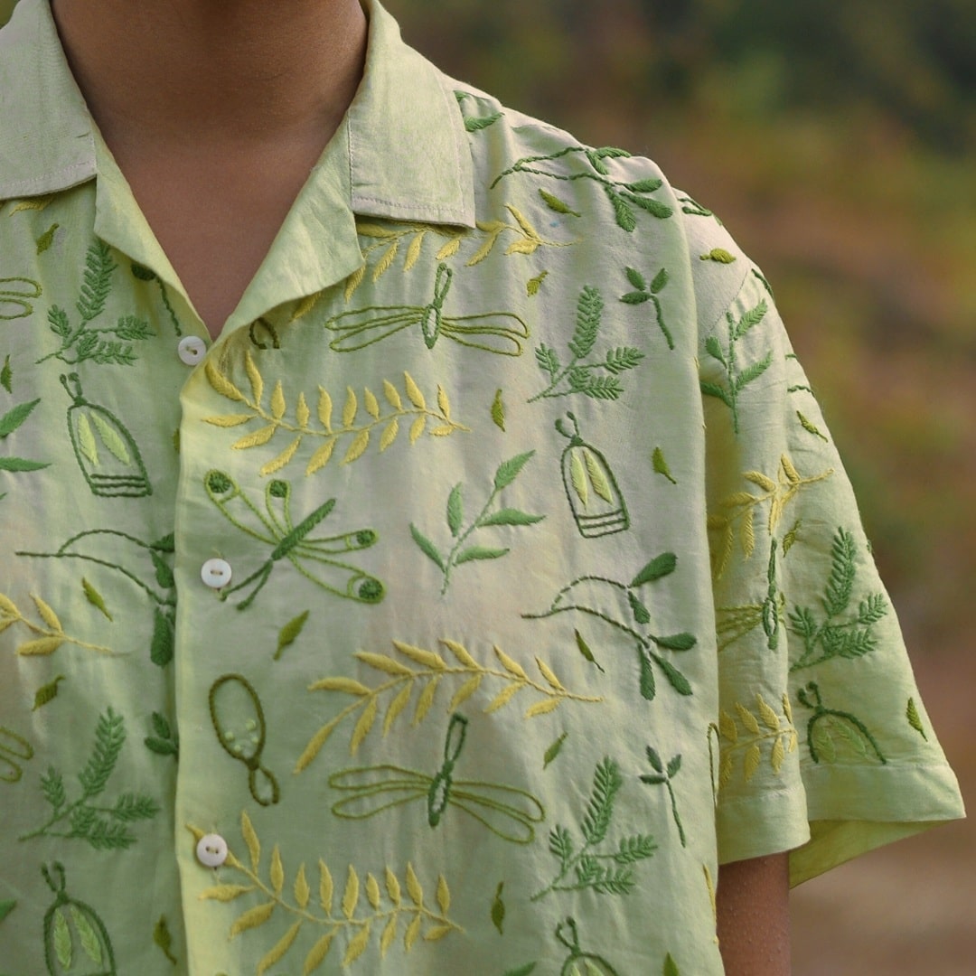 Close-up of intricate Chikankari embroidery on Green Flutter Shirt.