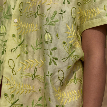 Sleeve details of Green Flutter Chikankari Shirt – delicate hand embroidery.