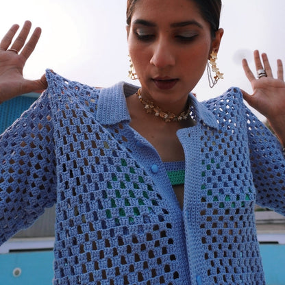 Peekaboo Crochet Shirt styled with a casual outfit for a trendy, relaxed aesthetic.